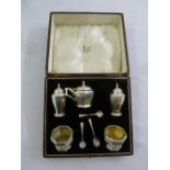 Art Deco cased five piece silver condiment set, panelled form, Birmingham 1928