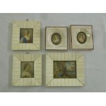 Five framed miniatures of ladies in 18th century costume