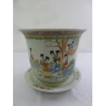 Chinese 20th century ceramic campagna shape jardinière and stand, decorated with images of ladies