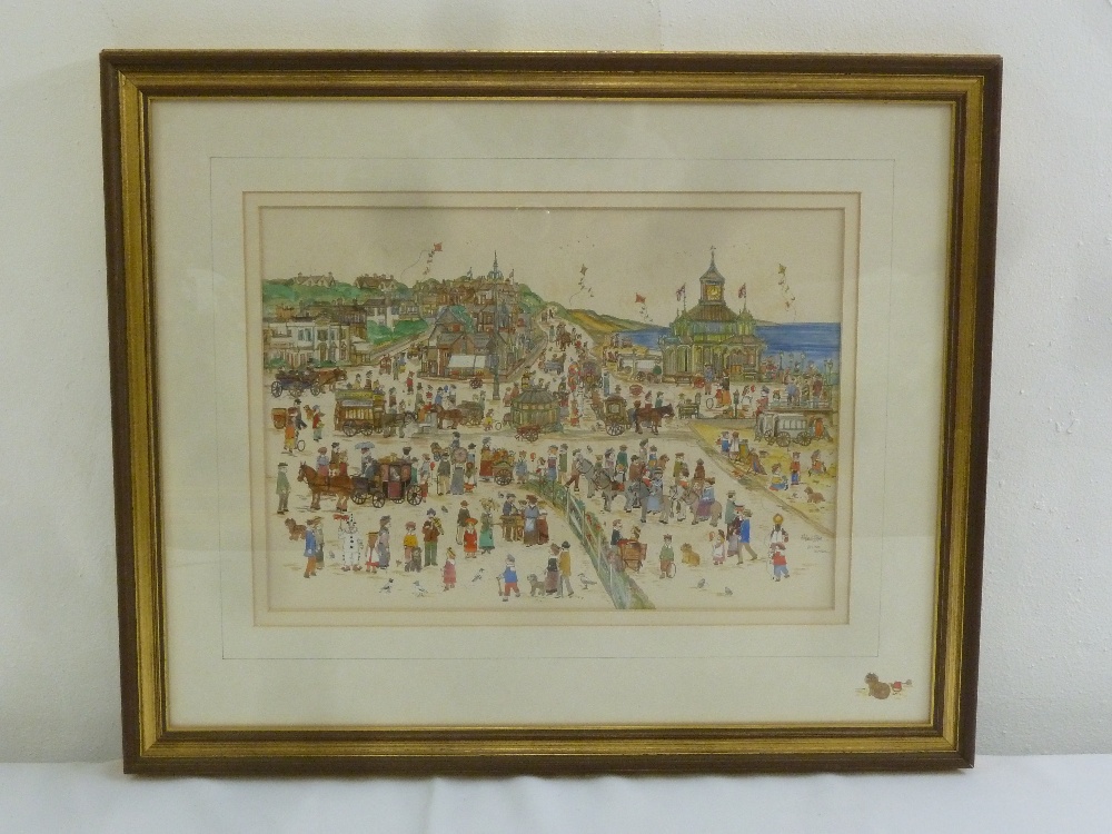 A framed and glazed watercolour of figures titled By The Seaside, indistinctly signed bottom