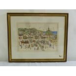 A framed and glazed watercolour of figures titled By The Seaside, indistinctly signed bottom