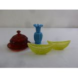 Victorian rubine red glass dish and cover, two Vaseline glass bonbon dishes and a Davidson blue