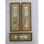 Three framed Oriental watercolours of birds in a landscape