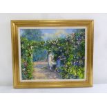 Eric Littledike framed oil on canvas of two girls in a garden, signed and dated bottom left, 39 x