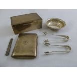 A quantity of silver to include a cigarette box, a cigarette case, a bonbon dish, tongs and