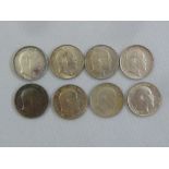 Eight Edward VII shillings 1902, 1903, 1904, 1906, 1907, 1908, 1909, 1910