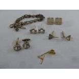 Silver large link Albert chain, four pairs of cufflinks and a gold plated tie pin