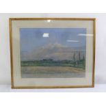 Jonathan Bowden framed and glazed watercolour of a country landscape, label to verso, 47.5 x 63cm