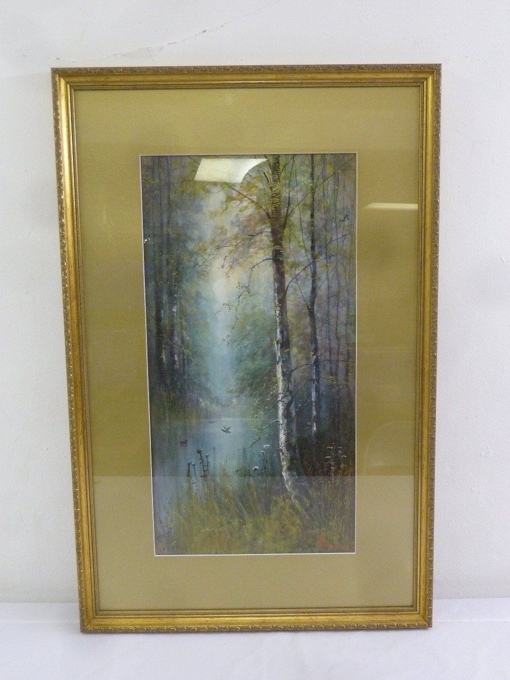 H. Sinclair framed and glazed watercolour of a forest and river, signed bottom right, 55 x 28cm