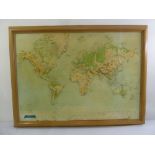 A George Philip and Sons framed map of the world in relief circa 1960s, 100 x 135cm