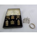 A quantity of silver to include a cased Mappin and Webb condiment set, a toast rack and a silver