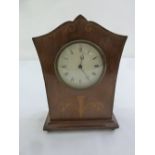An Edwardian mahogany and satinwood inlaid mantle clock, enamel dial with Roman numerals