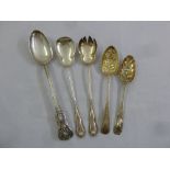 A silver Kings pattern basting spoon London 1903, two silver berry spoons and a pair of silver salad