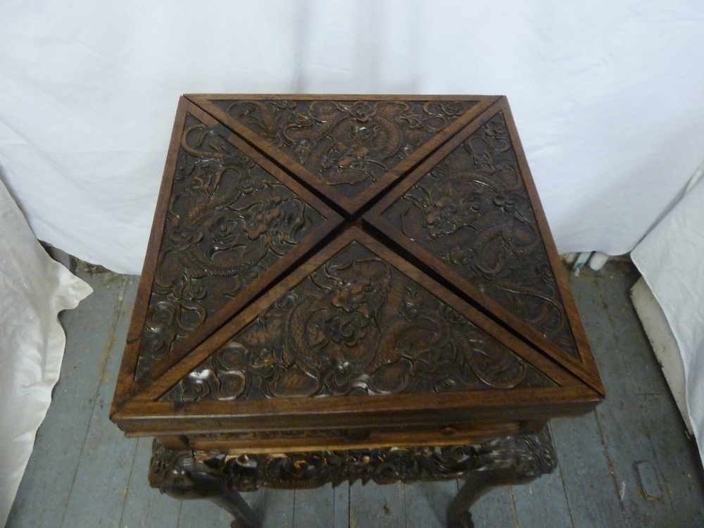 Chinese hardwood envelope card table, heavily carved with dragons and peonies (to include original - Image 2 of 3