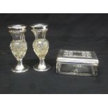 A Victorian glass dressing table box with silver pull off cover and a pair of silver mounted cut