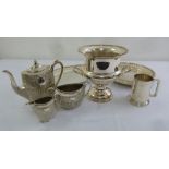 A quantity of silver plate to include a teaset, trays and an ice bucket