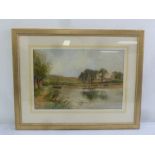 A framed and glazed watercolour of a barge on a river with cattle on the river bank, 35 x 52.5cm