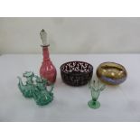 A quantity of antique glassware to include a cranberry decanter and a Bohemian red overlaid bowl (