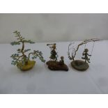 Two Malcolm Moran 1972 miniature sculptures of children playing and a turquoise ornamental tree