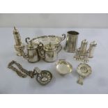 A quantity of silver plate to include a teaset, condiments and a sugar sifter