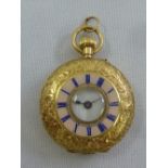 18ct yellow gold half hunter pocket watch with pink enamel chapter ring, approx total weight 27.9g