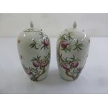 A pair of Chinese Guangxu famile rose vases decorated with flowers and leaves, the pull off covers