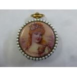 Lepaicte brass pocket watch with painted panels of a lady to the front and a courting couple on