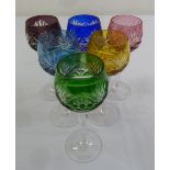 A set of six multi coloured claret glasses