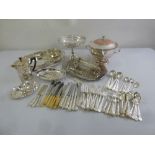 A quantity of silver plate to include a soup tureen and cover, gallery trays and flatware