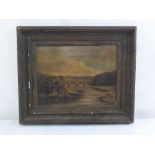 A framed oil on canvas of a viaduct, label to verso, 30 x 39.5 cm