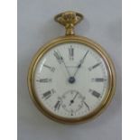 Waltham open face gold plated pocket watch, Roman numerals and subsidiary seconds dial