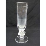 Lalique rectangular stem vase on raised circular base with fawn figurine, marks to the base