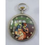 A silver plated open face pocket watch circa 1900 with erotic enamel dial