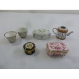 A quantity of miniature ceramics to include a Limoges pill box, Meissen box and cover and two silver