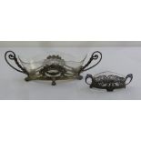 Two Art Nouveau style pewter and glass centre pieces