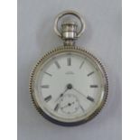 A W Waltham late 19th century American silver Explorers open face pocket watch, enamel dial Roman