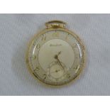 A Bulova open face gold plated pocket watch, Arabic numerals, subsidiary seconds dial