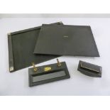A 1970s Italian black leather desk set to include blotter and pen stand