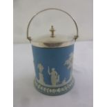 A Wedgwood blue Jasperware biscuit barrel with silver plated mounts