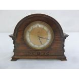 Oak cased 8 day mantle clock, silvered dial, Arabic numerals