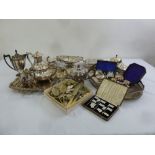 A quantity of silver plate to include trays, entr‚e dish and cover, teasets and flatware