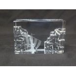 A Scandinavian rectangular glass paper weight etched with a Viking long ship