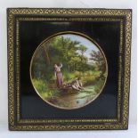 A framed hand painted cabinet plate of children in boat signed H. Thackery bottom left