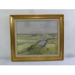 Denise Williams framed oil on canvas of river and fields, monogrammed bottom right, A/F, 48.5 x 58.5