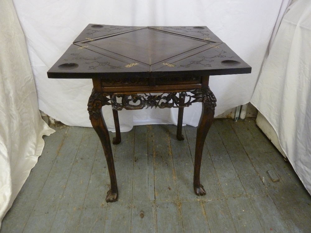 Chinese hardwood envelope card table, heavily carved with dragons and peonies (to include original - Image 3 of 3