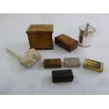A quantity of collectables to include a clay pipe, cigarette boxes and snuff boxes (8)