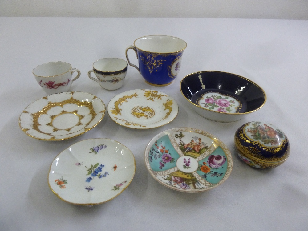 A quantity of Meissen porcelain to include a circular covered dish, cups and saucers (9)