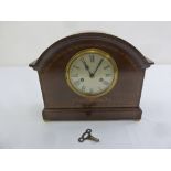 An Edwardian mantle clock inlaid mahogany, silvered dial, Roman numerals, to include key