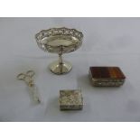 A quantity of silver and white metal to include sugar knipps, a pill box, a snuff box and a bonbon