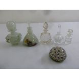 Five glass scent bottles of various forms, all with glass drop stoppers and a paperweight (6)